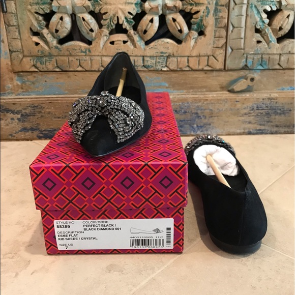 Tory Burch Esme Flat Black Suede Leather Crystal Diamond Bejeweled Shoes Size 7 - Picture 3 of 5